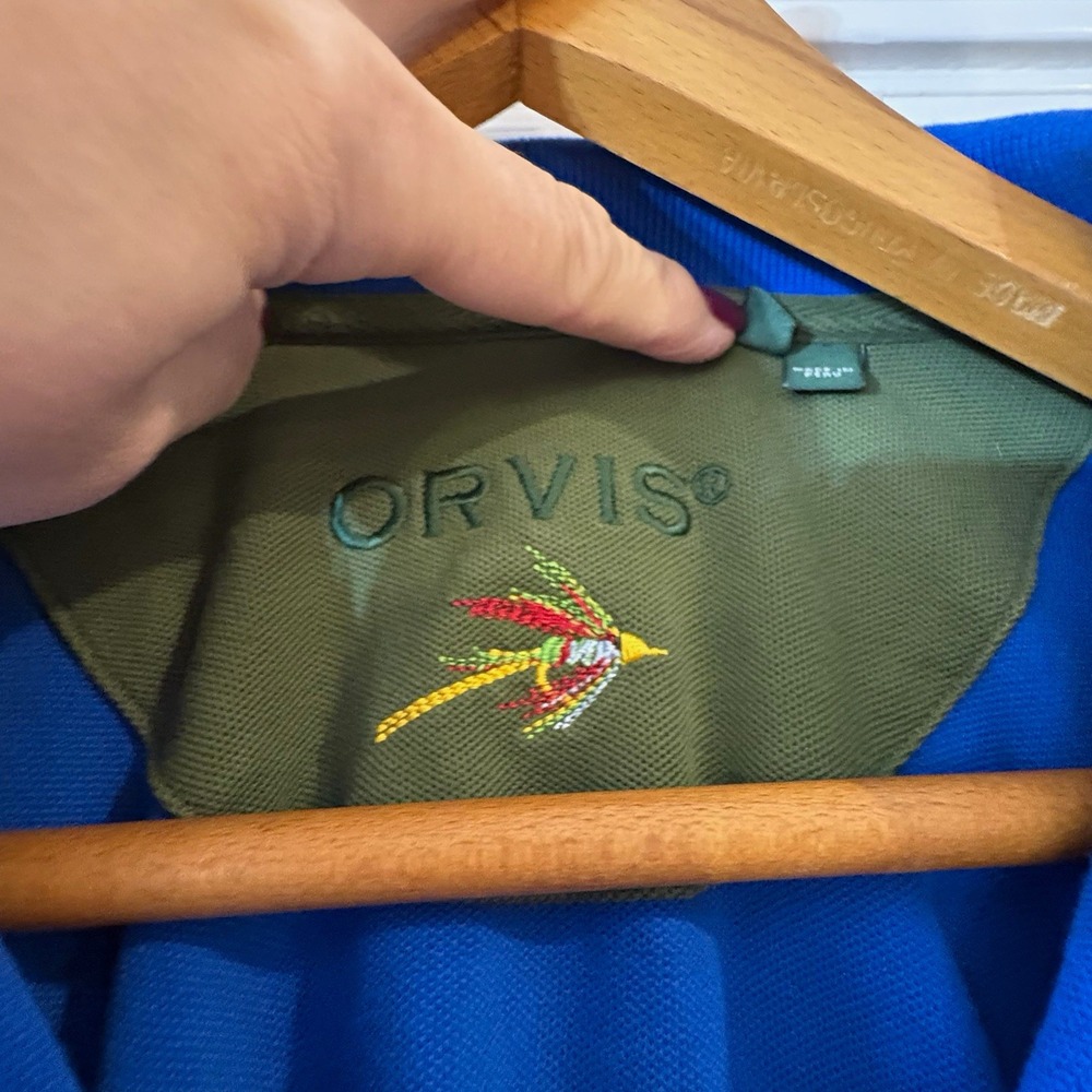 Orvis Men's 2XL Blue Solid Cotton Polo Short Sleeve Knit Fishing Logo